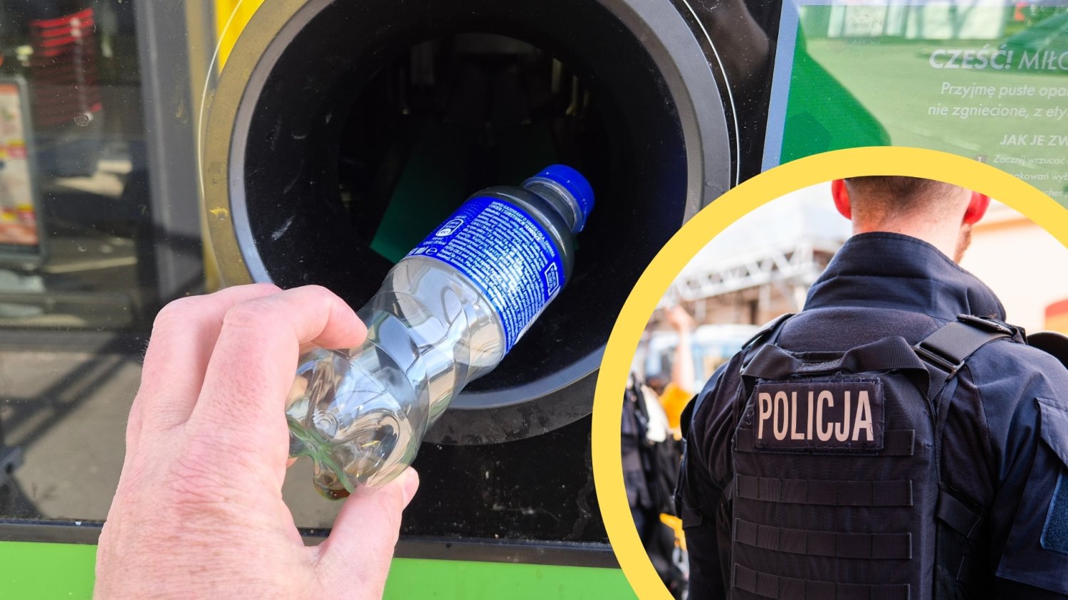 Nie oddał ani jednej butelki, zarobił 15 tys. zł. Pomogły mu kody BLIK Butelkomat. W zółtym kółku w prawym dolnym rogu, policjant.