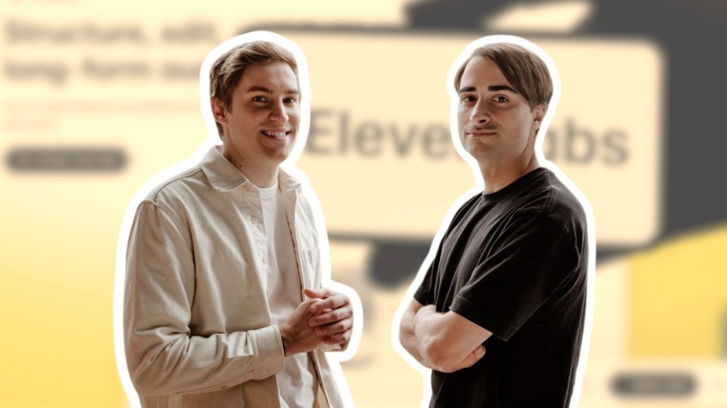 Polski startup ElevenLabs wystrzelił jak rakieta. CD Projekt patrzy z dołu W tle smartfon z logiem ElevenLabs. Z przodu właściciele startupu.