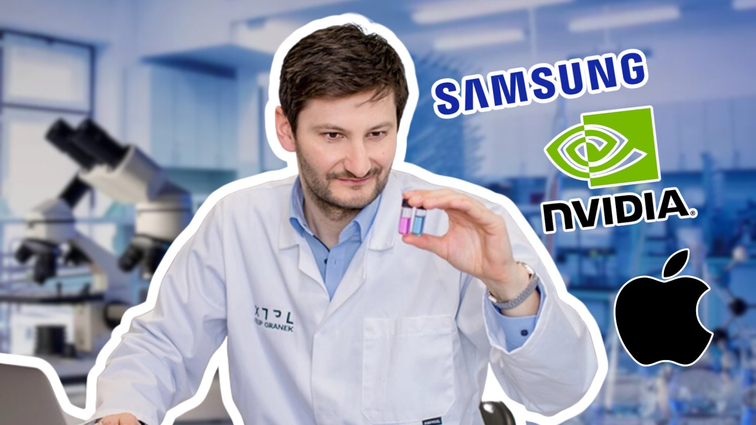 XTPL mierzy w łańcuch wartości Nvidia i Apple. Polski deep tech idzie po swoje Prezes spółki XTPL. W tle laboratorum. Obok logo samsung, nvidia, apple.
