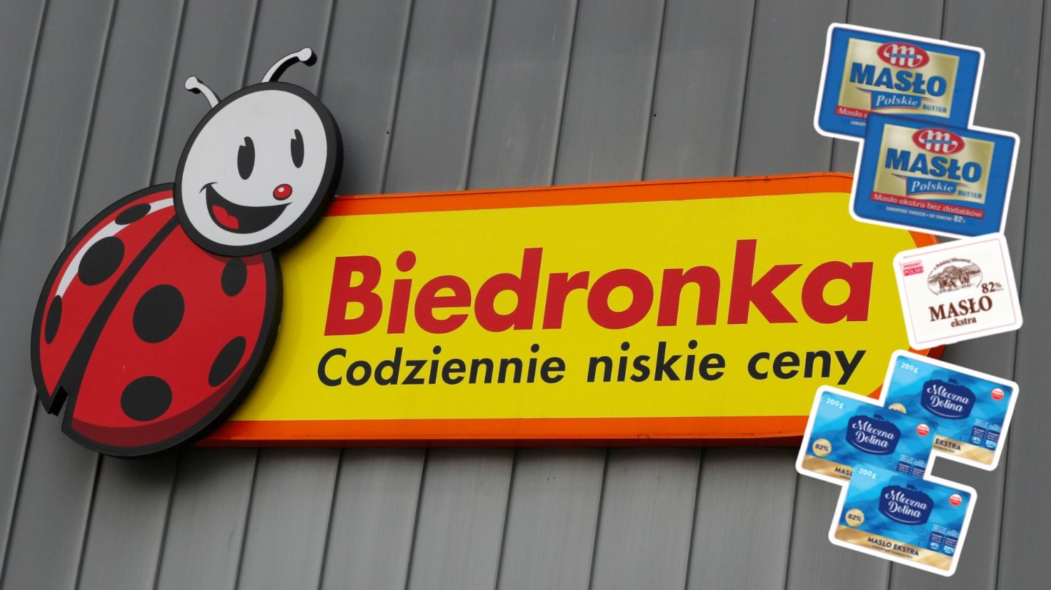 Logo sklepu Biedronka, masła.
