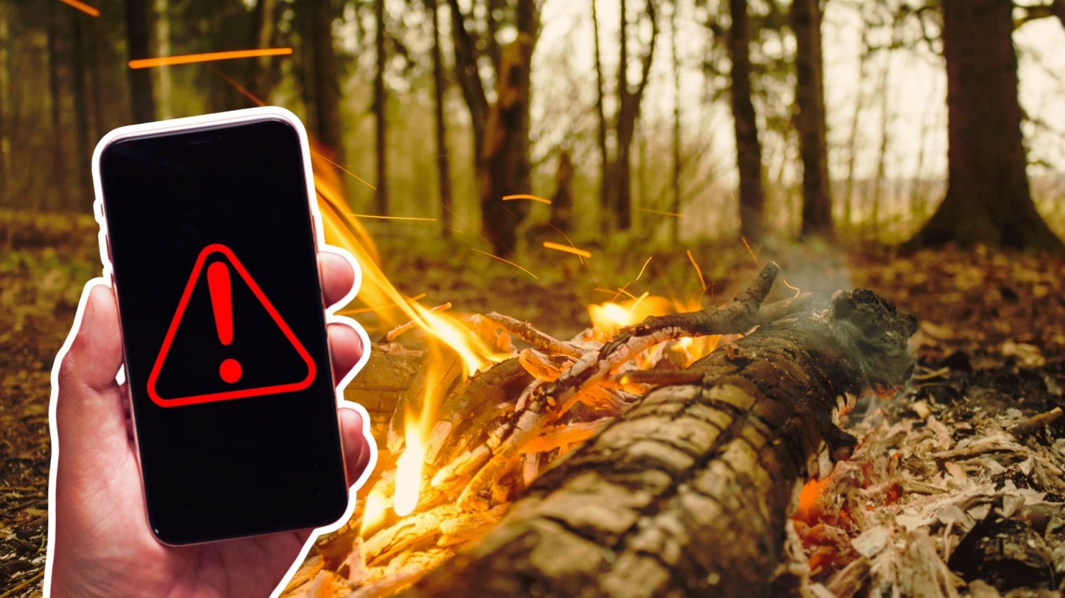 RCB ostrzega 8 województw. Ekstremalne zagrożenie pożarowe w lasach Ognisko w lesie i ręka z telefonem z ostrzeżeniem. Alert RCB w 8 województwach. Susza w lasach grozi pożarami