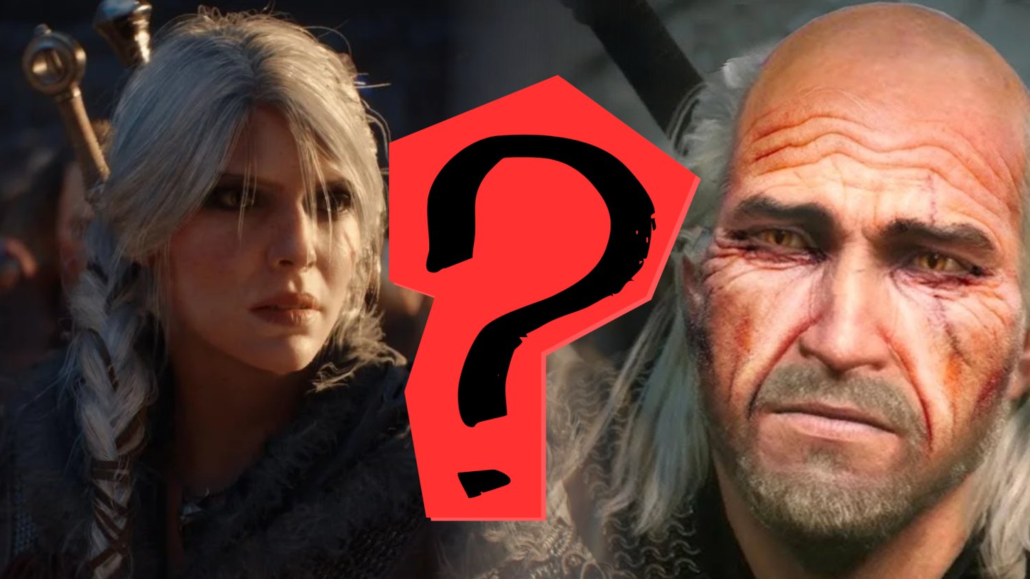Ciri i Geralt z Rivii. Po środku znak zapytania.