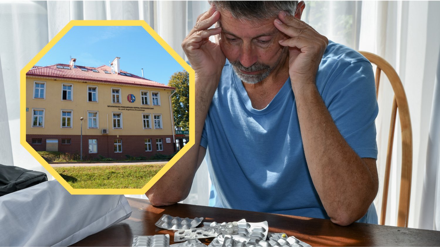 Modernizacja szpitala w Żurawicy za 50 mln zł. Podkarpacie zadba o rozwój psychiatrii Osoba uzależniona od proszków. Z przodu zdjęcie szpitala w Żurawicy.