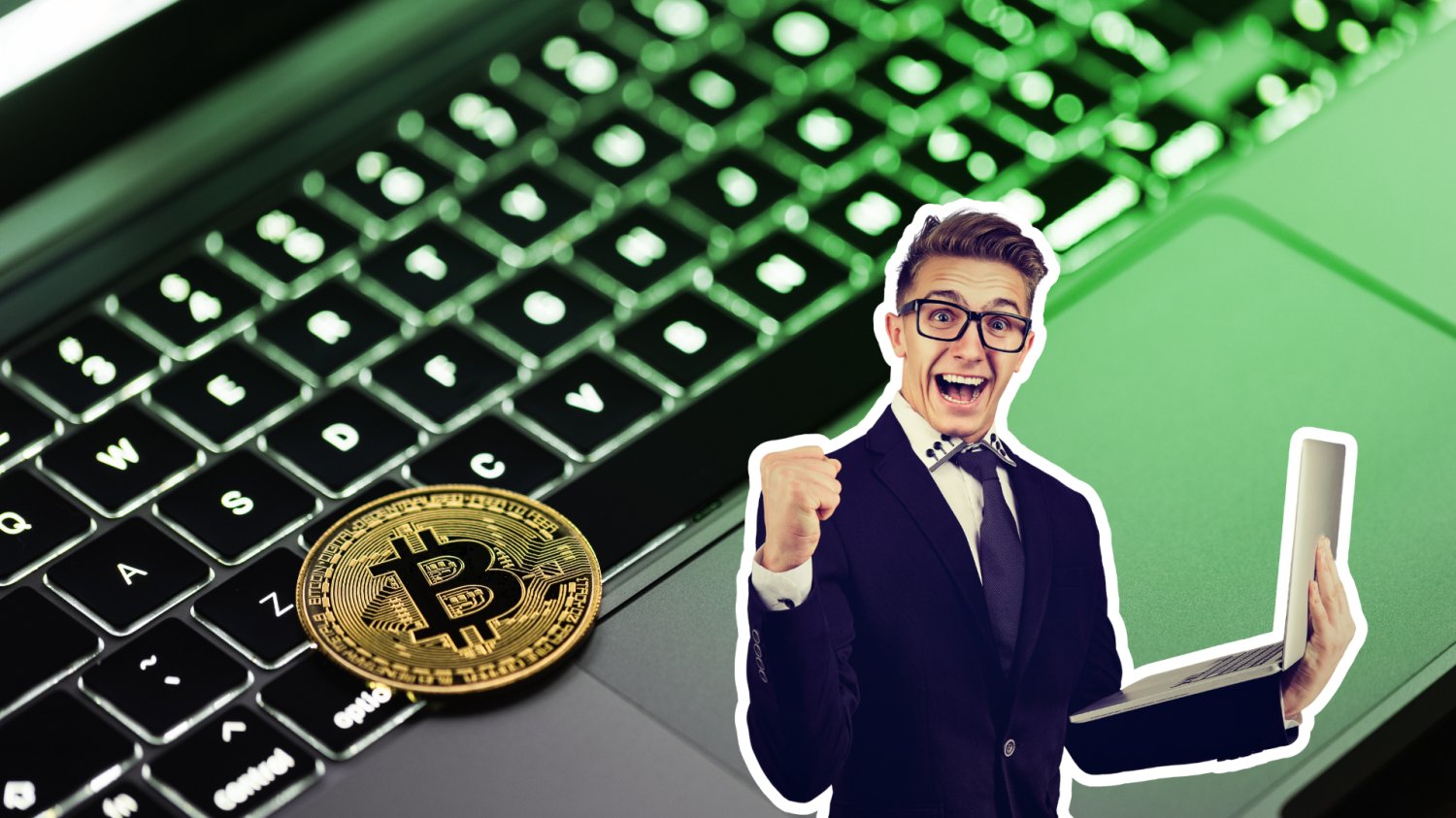Bitcoin na klawiaturze, zadowolony inwestor