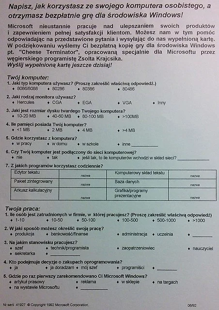 Ankieta, jaką wysłał do Microsoftu mający poczucie humoru internauta. Swego czasu kwestionariusz dołączany był do systemu Windows 3.1.