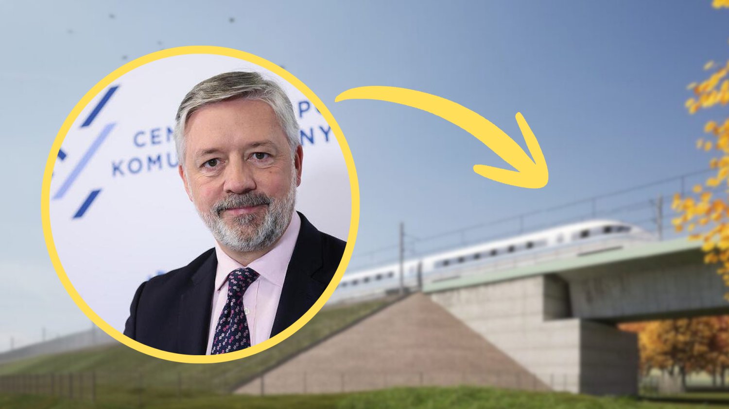 Port Polska zapowiada rewolucję na torach. Każdy powiat zasługuje na własne połączenie Prezes Port Polska. W tle nowa kolej prowadząca do Portu Polska. Żółta strzałka wskazująca na pociąg.