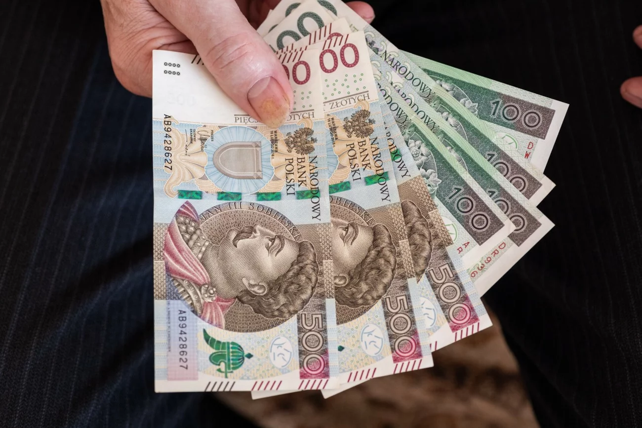 Polskie banknoty w ręku mężczyzny.