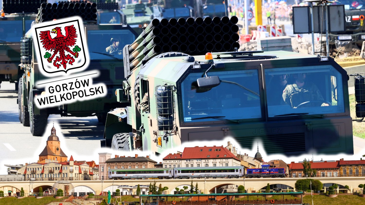 Z przodu panorama Gorzowa Wielkopolskiego i logo miasta. W tle wyrzutnie rakietowe przemieszczające się ulicami.
