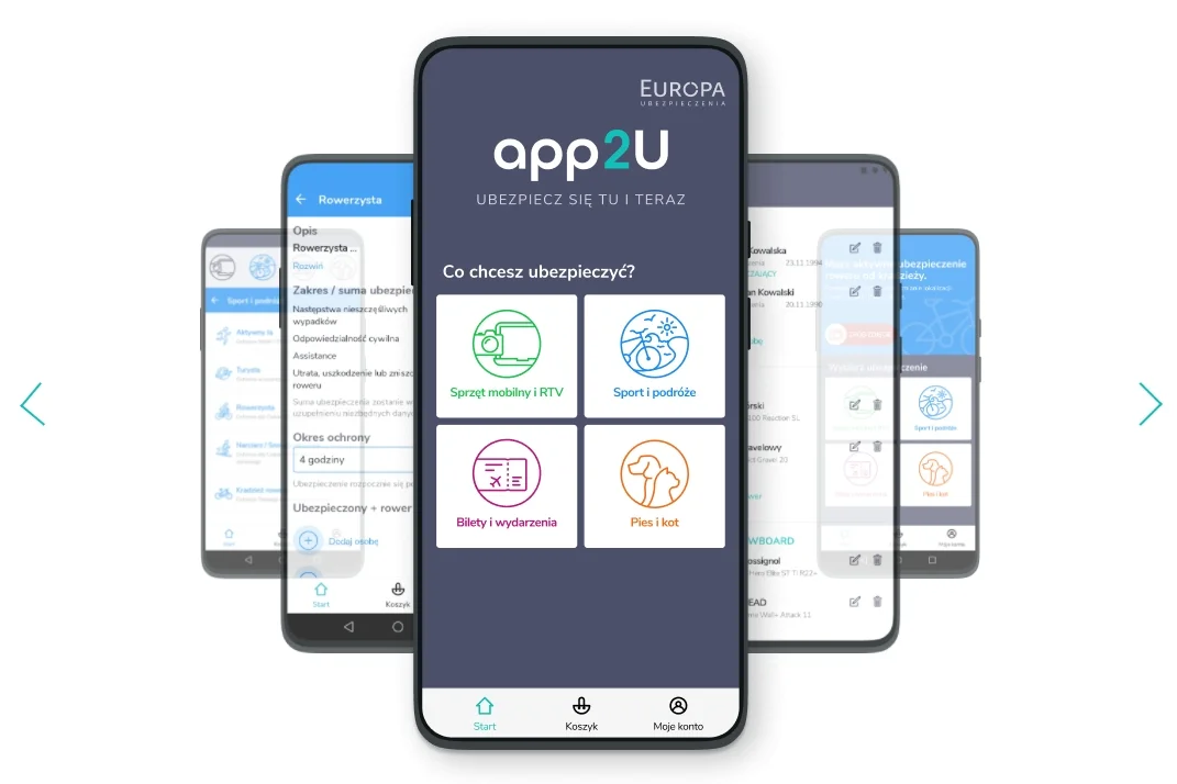 Aplikacja app2U oferuje 11 pakietów ubezpieczeń. Są one podzielone na cztery grupy: Podróże i Sport, Bilety i Wydarzenia, Sprzęt mobilny i RTV oraz Pies i Kot
