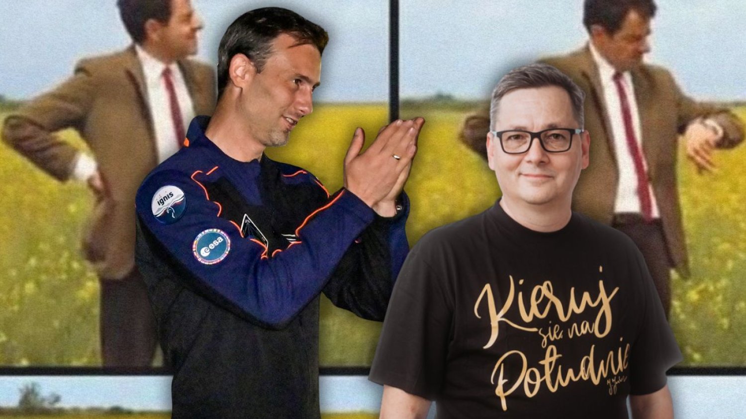 Sławosz Uznański-Wiśniewski i Jarosław Juszkiewicz (z prawej) na tle memów.