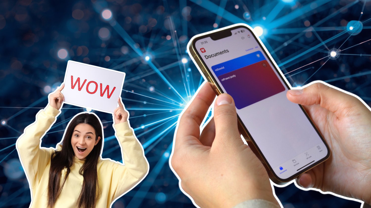 Kobieta z tabliczką i napisem WOW. Telefon z aplikacją mObywatel. W tle światłowody.