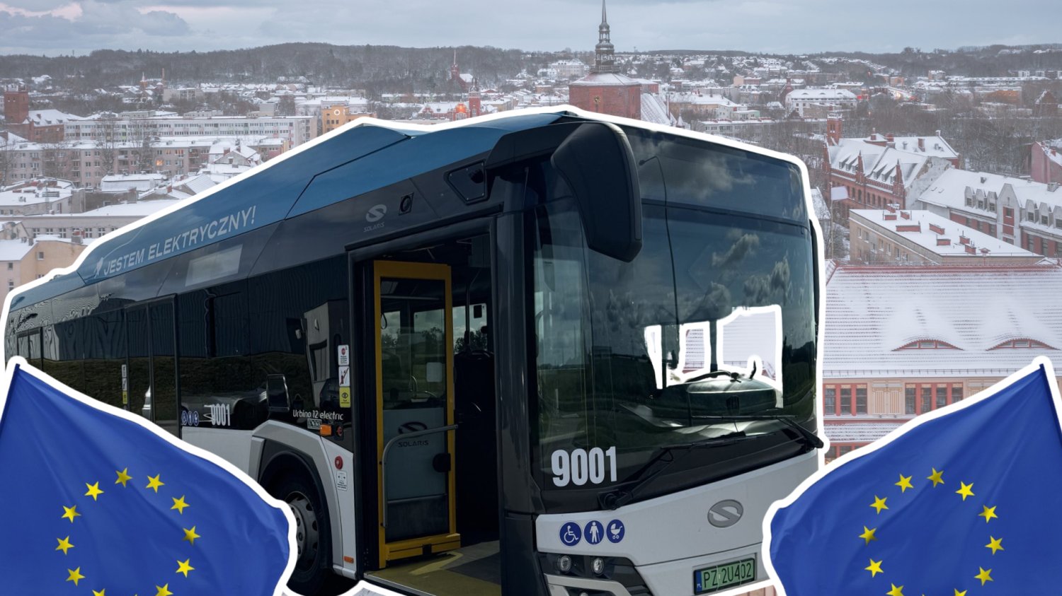 UE inwestuje w Słupsk i autobusy. Koniec z rykiem silnika, miasto stawia na ciszę W tle Słupsk. Z przodu autobus elektryczny ze Słupska. Po bokach dwie flagi Unii Europejskiej.