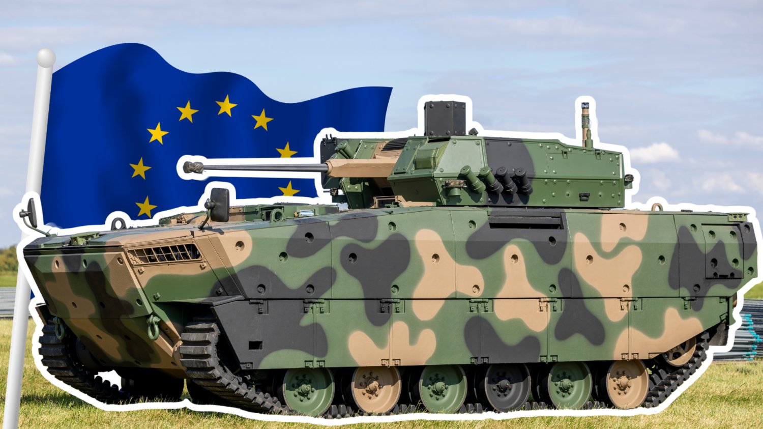 PGZ liczy na 100 mld zł z programu SAFE. Taka kasa rzadko trafia się dwa razy Czołg Borsuk. W tle poligon i flaga Unii Europejskiej.