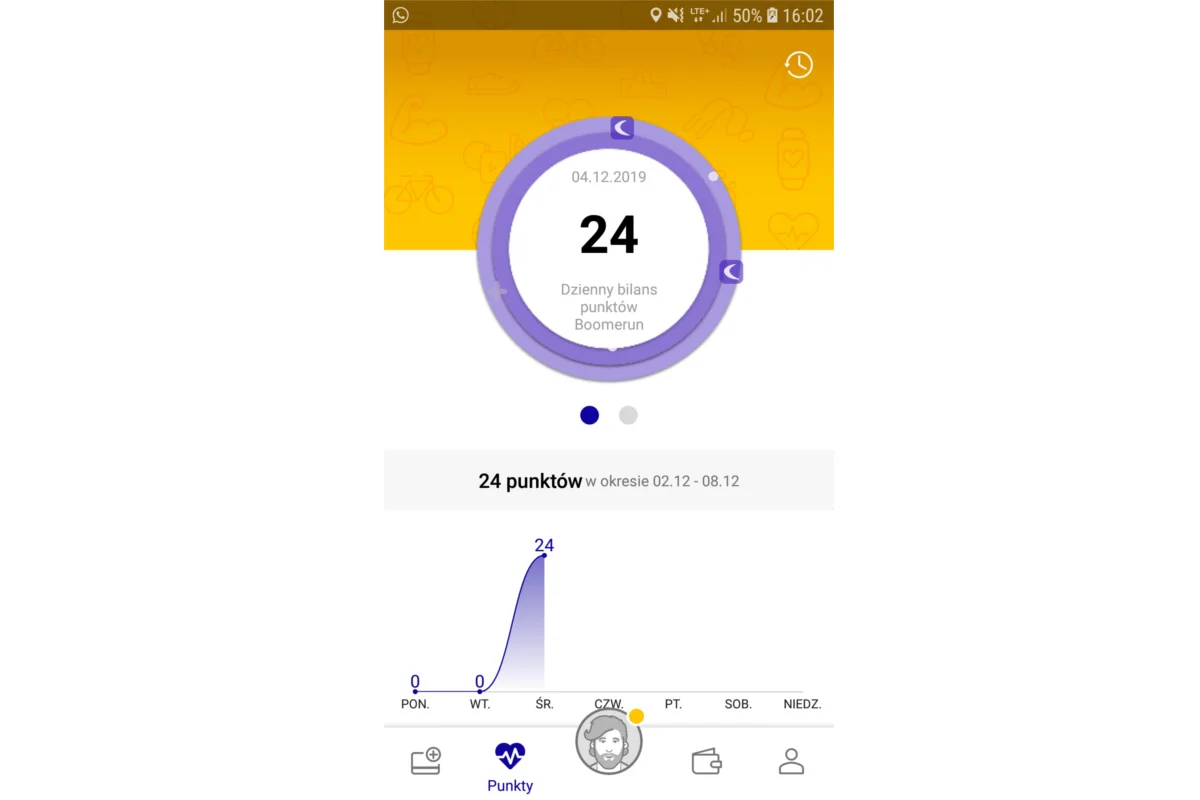 Menu aplikacji Boomerun, która zlicza kroki wymienialne na nagrody takie jak iPhone 11, Xiaomi, Bon zakupowy do Zara, Empik, Decathlon, Carrefour etc.