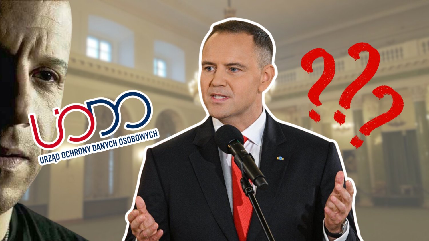 Domini Toretto z Szybkich i wściekłych. Logo UODO. Prezydent Nawrocki. Znaki zapytania nad głową prezydenta. W tle sala w pałacu prezydenckim.