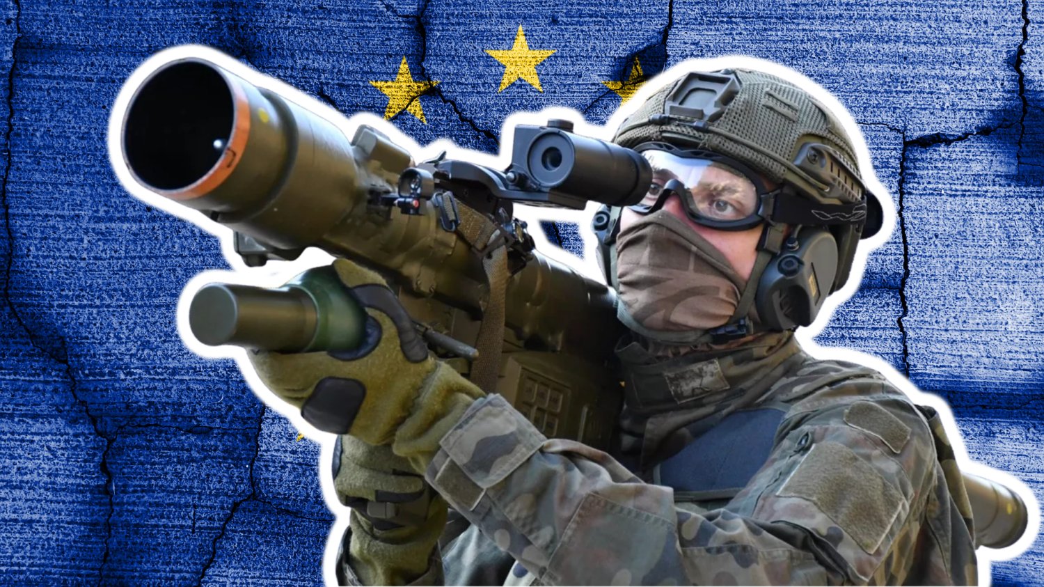 Europa dorzuca miliardy do Piorunów. Mesko trafia w środek zbrojeniowego boomu Polski żołnierz z rakietą Piorun. W tle Flaga Unii Europejskiej na betonie.