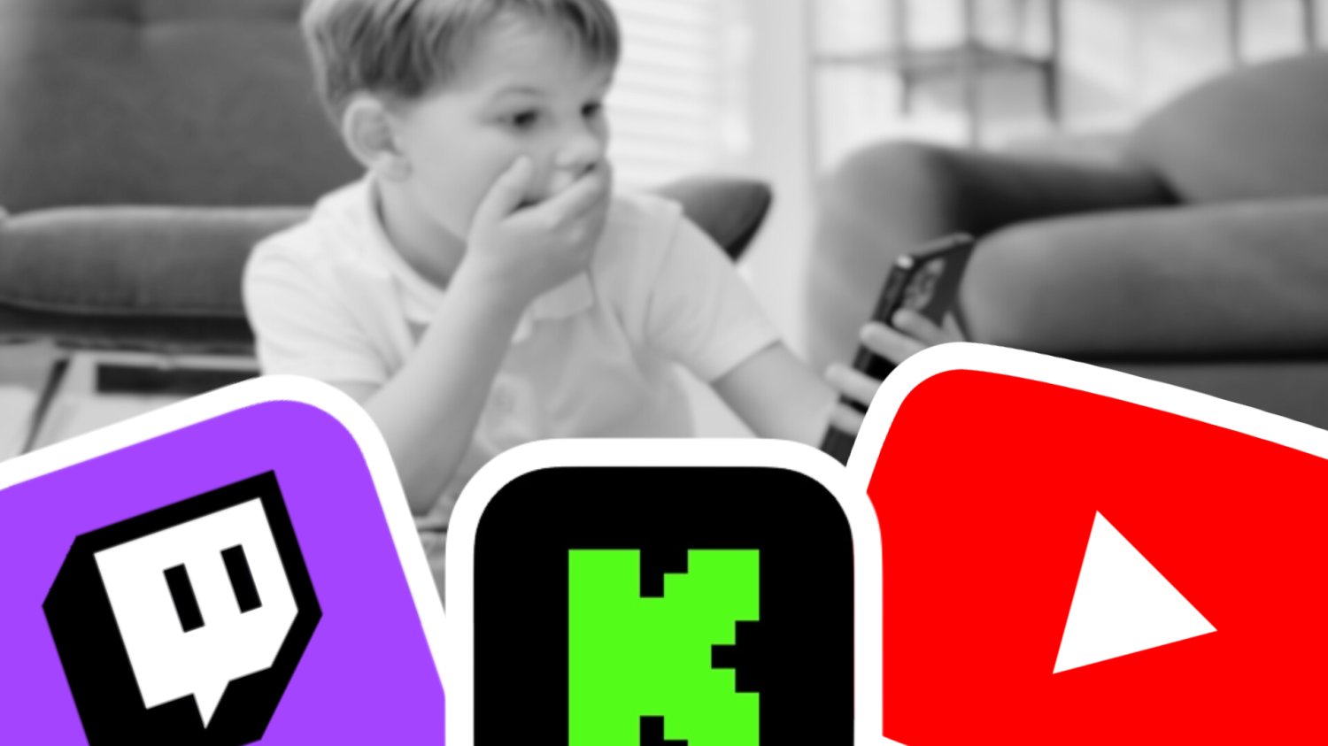 Ikony Youtube, Kick i Twitch. W tle zaskoczone dziecko trzymajace telefon.