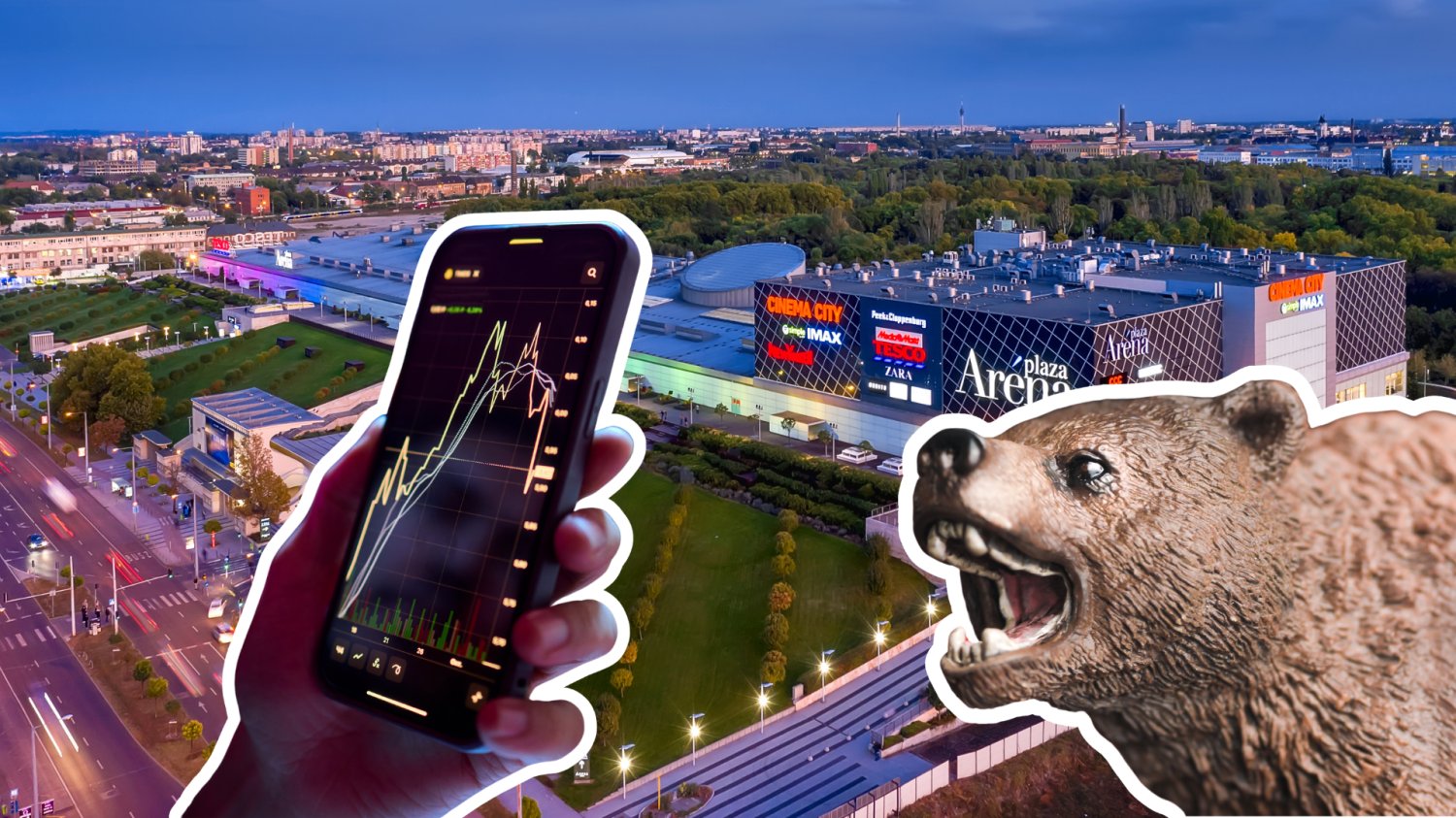 Polski deweloper pożerany przez niedźwiedzie. Kolejny dzień spadków nie wróży niczego dobrego Centrum handlowe, smartfon z wykresem i niedźwiedź.