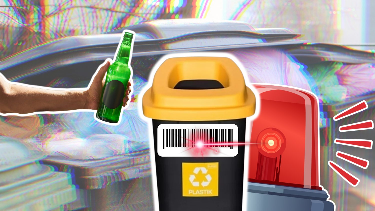 Rewolucja w segregacji odpadów. Lepiej uważaj co wrzucasz do worka Kosza na śmieci, na plastik. Ręka, która trzyma szklaną butelkę i chce ją wrzucić do kosza na plastik. Kod kreskowy na koszu i alarm, który skanuje ten kod.