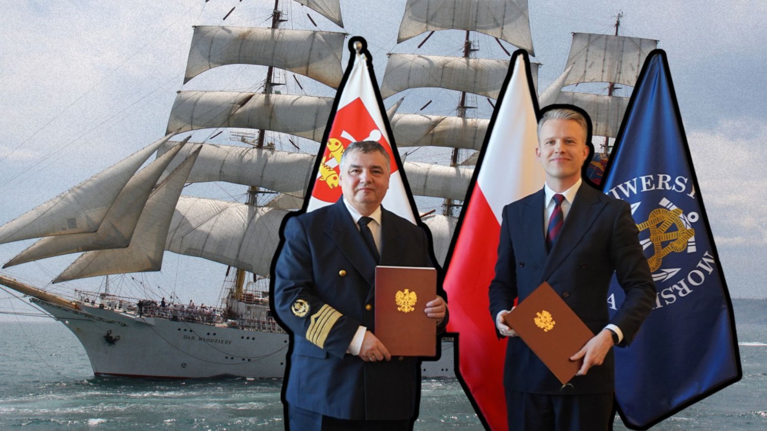 Adam Weintrit, Arkadiusz Marchewka, w tle żaglowiec "Dar Młodzieży"