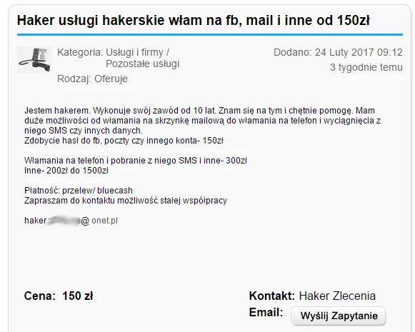 Ogłoszenie z jednego z polskich serwisów ogłoszeniowych.
