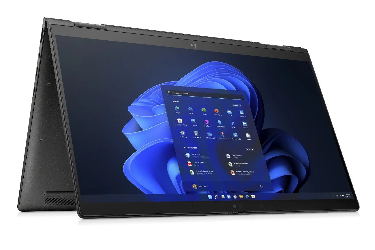 Komputer przenośny HP Elite Dragonfly Max wyposażony jest w zawias umożliwiający błyskawiczną transformację laptopa w podstawę i tablet