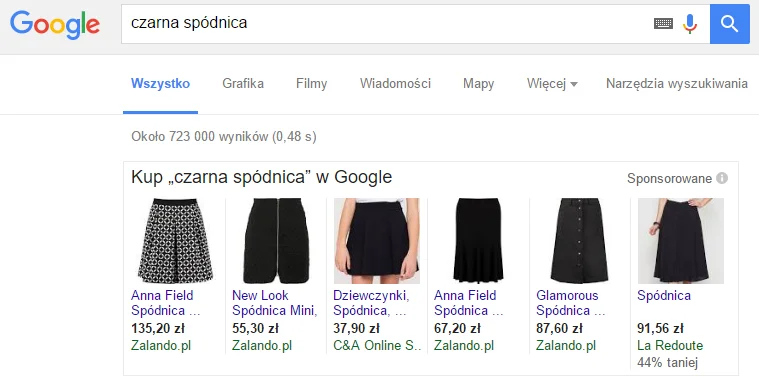 Przykład Product Listing Ads na frazę "czarna spódnica".