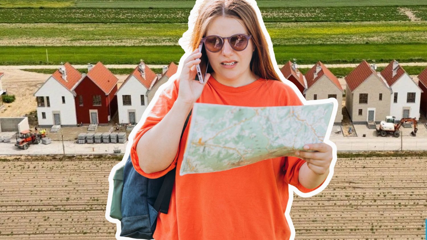 Burza o osiedle w szczerym polu. Faktycznie, ma coś w sobie z papierosa Zdziwiona kobieta nad mapa, w tle osiedle.