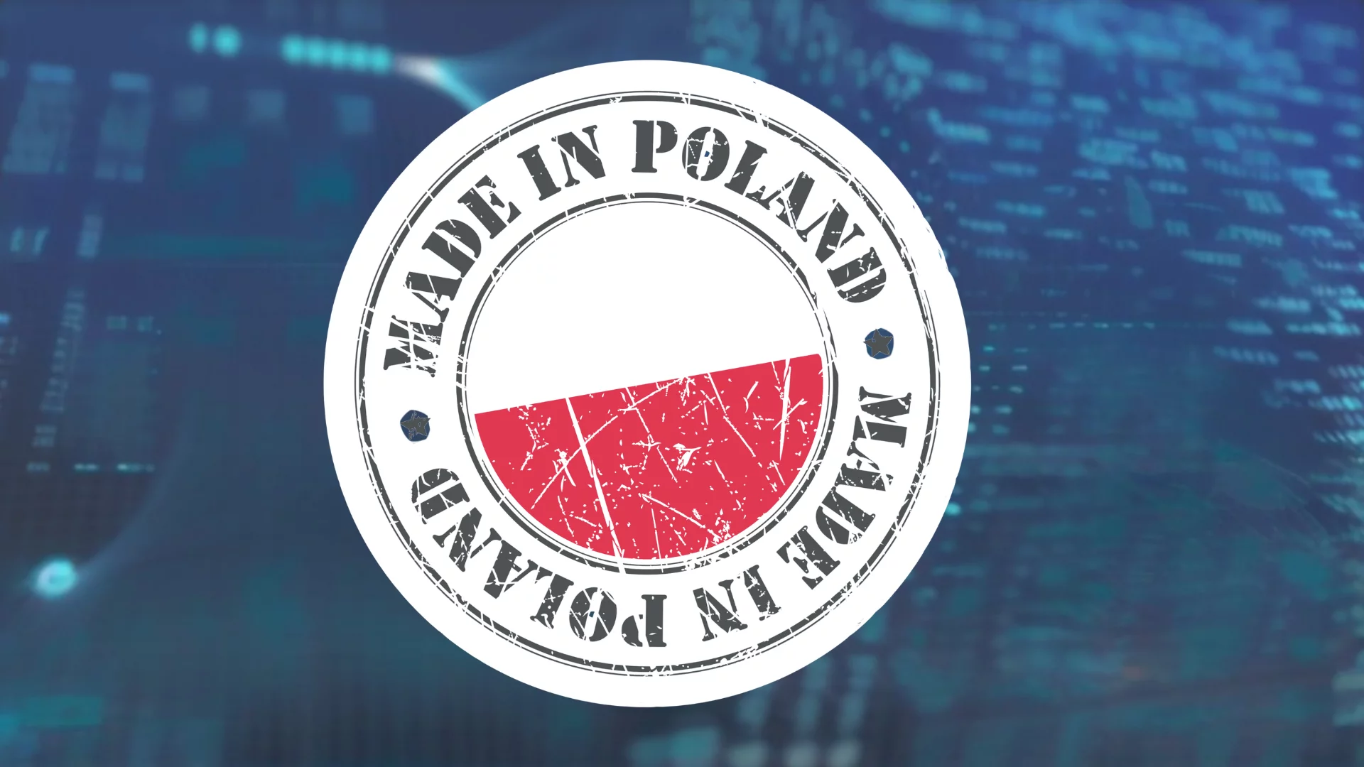 Stempel Made in Poland. W tle cyfrowy wymiar.