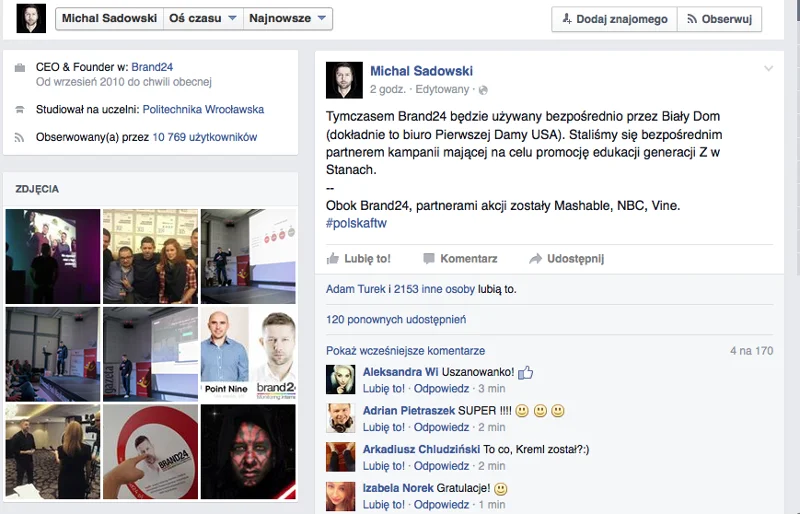 Na swoim profilu na Facebooku Michał Sadowski pochwalił się wielkim sukcesem swojej firmy