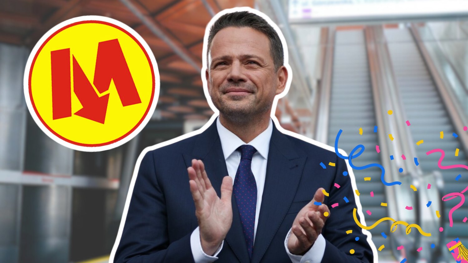 Rafał Trzaskowski składający ręce w geście klaskania. Logo metro. Wystrzelone fanfary. W tle stacja metra.