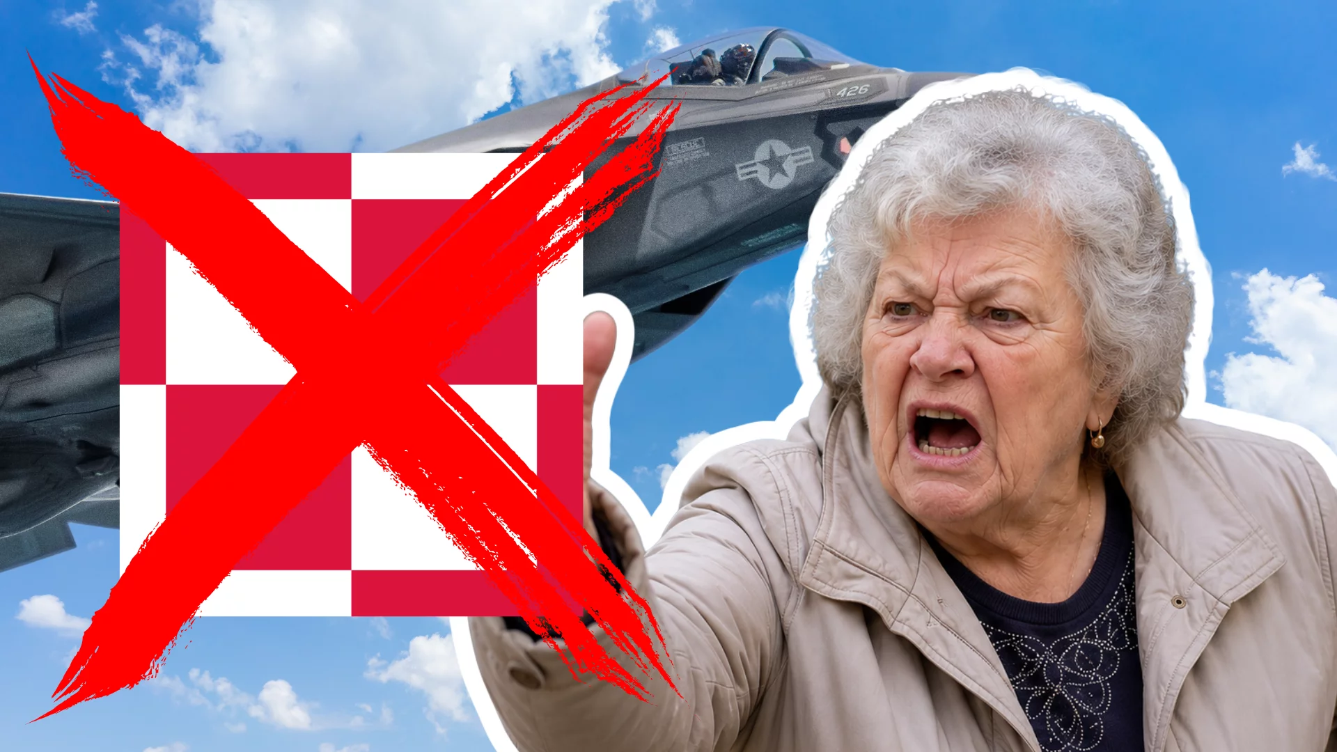 Polskie odrzutowce F-35 bez biało-czerwonych barw? Tradycja odchodzi w zapomnienie Starsza kobieta, która jest wściekła na to, że biało-czerwone szachownice są przekreślone czerwonym X. W tle samolot F-35 i niebo.