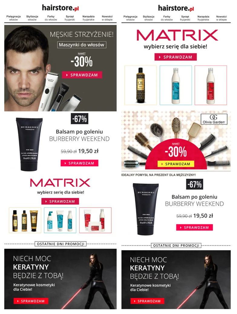 Zdj. 2 - Przykład personalizowanych wiadomości marki Hairstore.pl, w których oferta dostosowana była do potrzeb kobiet i mężczyzn.