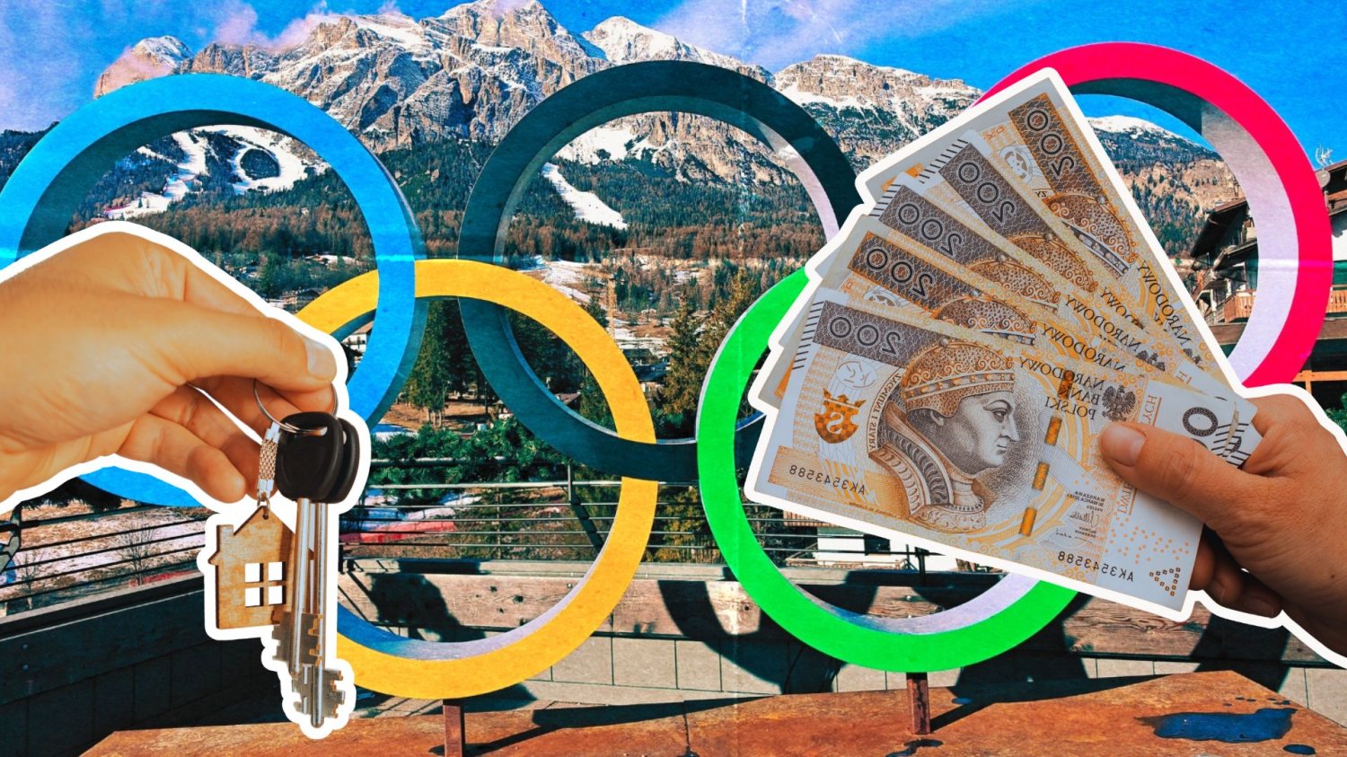 Ręka trzymająca klucze oraz ręka trzymająca pieniądze wklejone na tle gór i loga Olimpiady. Medale na olimpiadzie to nie jedyna nagroda. Medaliści będą mieli jak pączki maśle