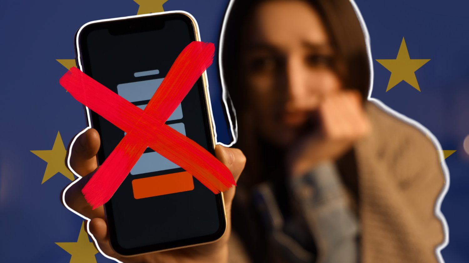 Smutna kobieta z rozładowanym telefonem. Telefon przekreślony czerwonym X. W tle flaga Unii Europejskiej