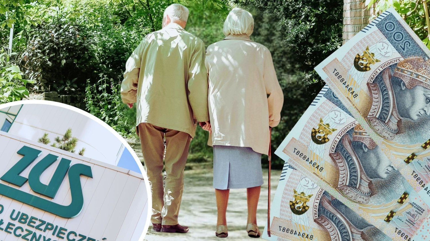 Seniorzy na spacerze w parku, szyld z budynku ZUS-u i banknoty PLN. ak sprawdzić swoją przyszłą emeryturę? To bajecznie proste