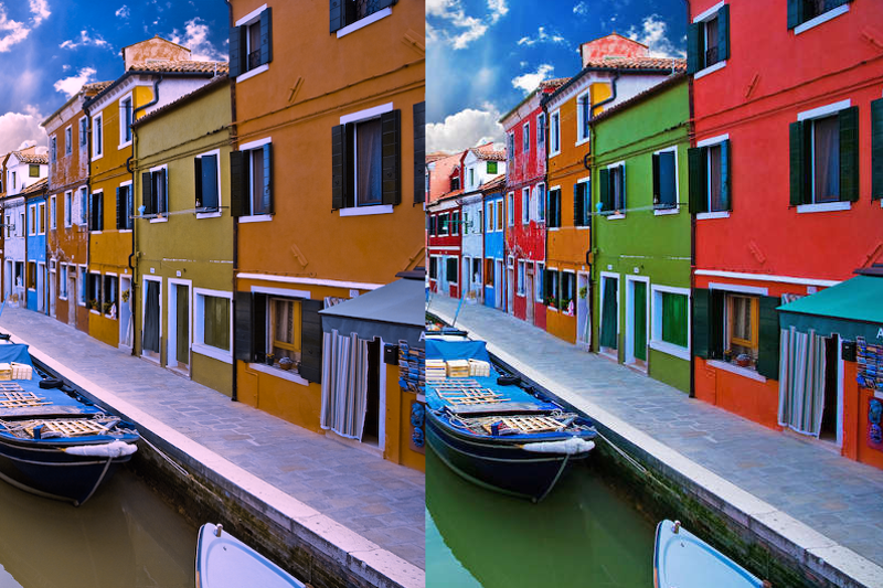 Tak widzi osoba ze ślepotą barw "przed" i "po" założeniu okularów EnChrome.