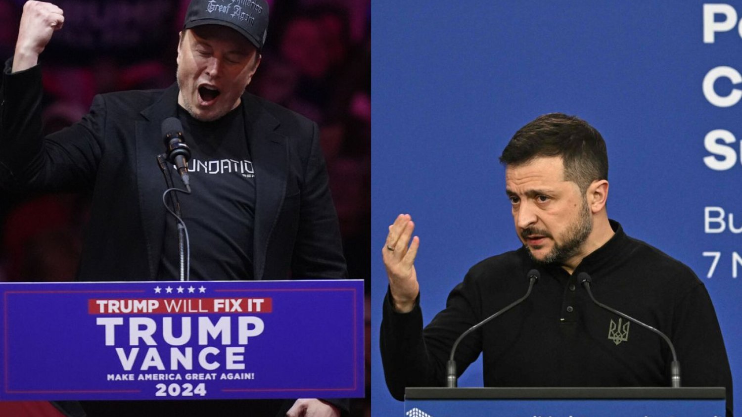 Z lewej Elon Musk w trakcie wiecu Donalda Trumpa w Madison Square Garden. Z prawej Wołodymyr Zełenski w trakcie konferencji prasowej w Budapeszcie.
