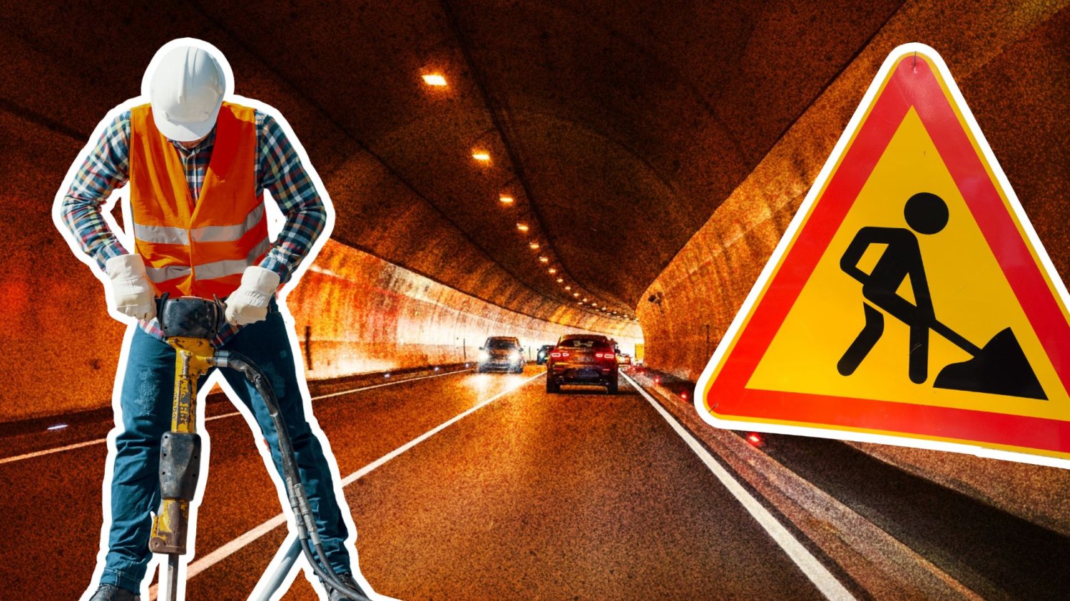 Tunel drogowy, robotnik i znak informujący o robotach drogowych. Pojadą 45 metrów pod dnem rzeki. Tak powstanie najdłuższy tunel drogowy w Polsce