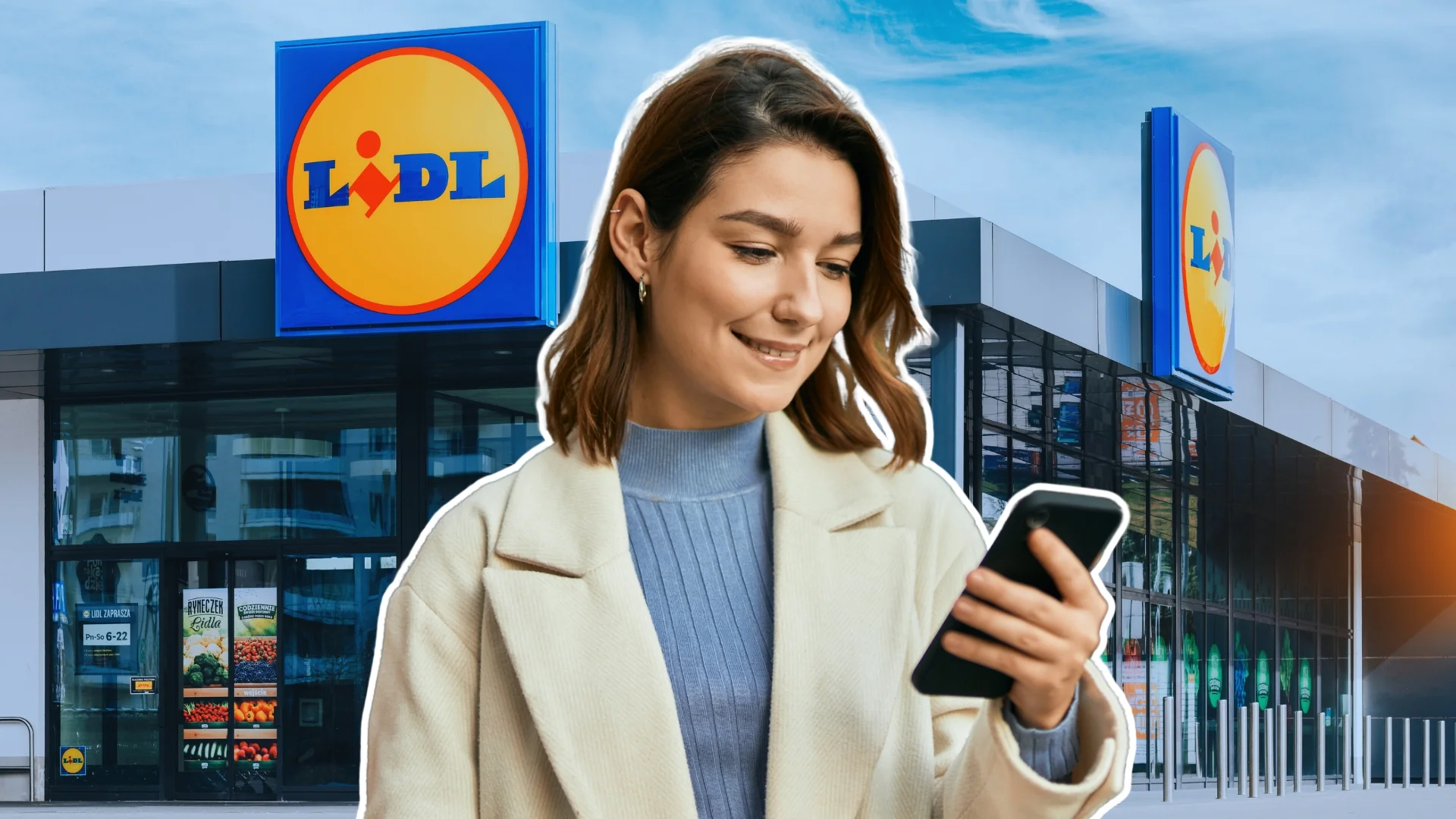 Kobieta z telefonem przed sklepem Lidl. W tle budynek jednego ze sklepów sieci Lidl.