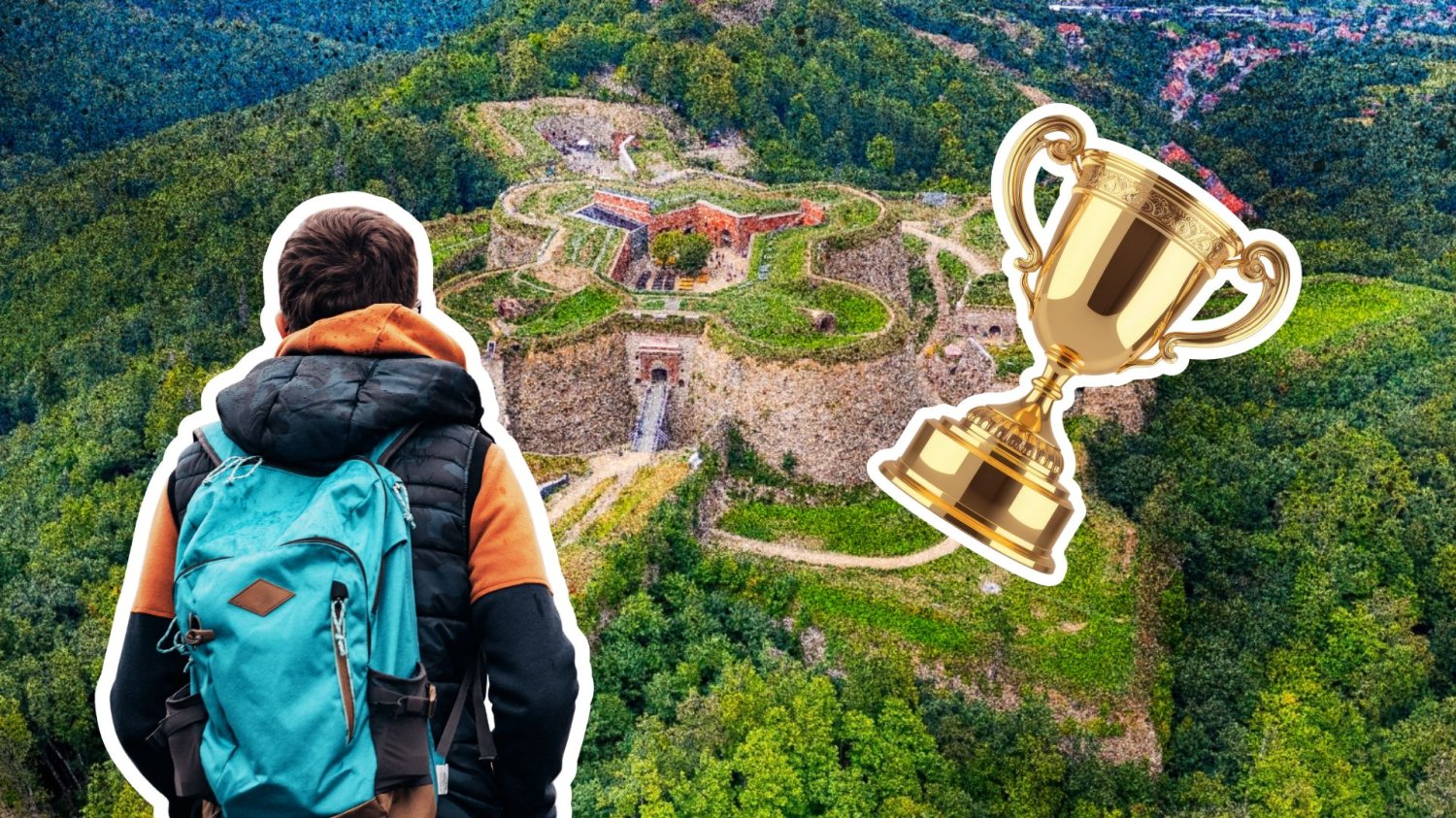 Turysta z plecakiem na tle twierdzy w Srebrenj Górze oraz złote trofeum. Konserwatorzy ogłosili werdykt. 20 obiektów, które warto teraz zwiedzić