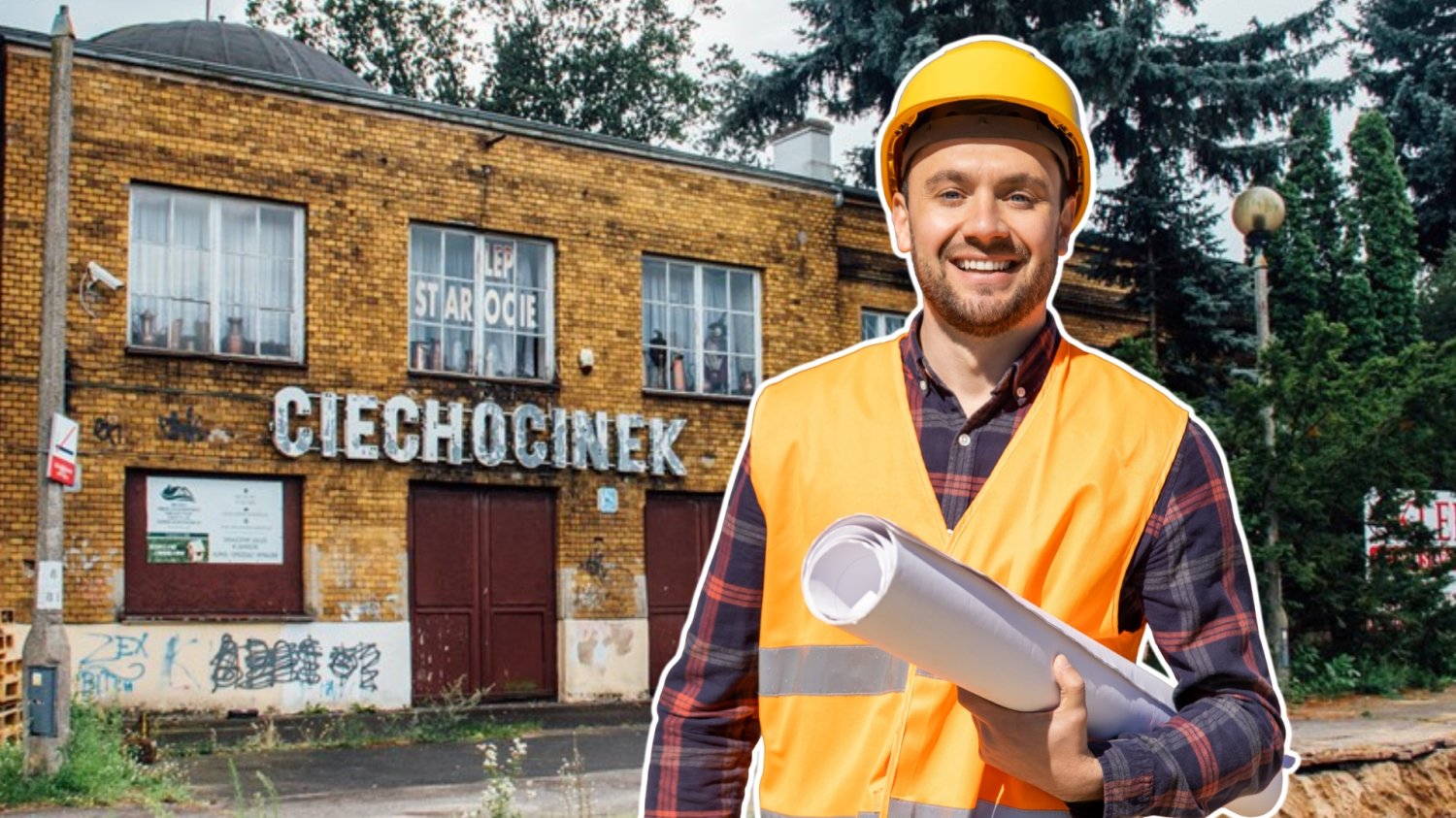 Mężczyzna w kasku i kamizelce z projektem w ręku. Dworzec Kolejowy w Ciechocinku.