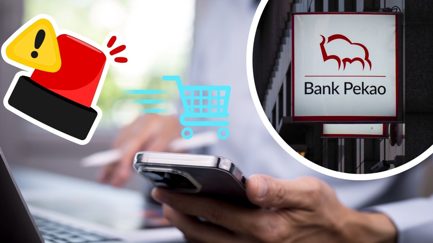 Człowiek z telefonem przy laptopie, szyld banku Pekao i światło alarmowe. Masz konto w Pekao? Bank wydał pilny komunikat w sprawie aplikacji