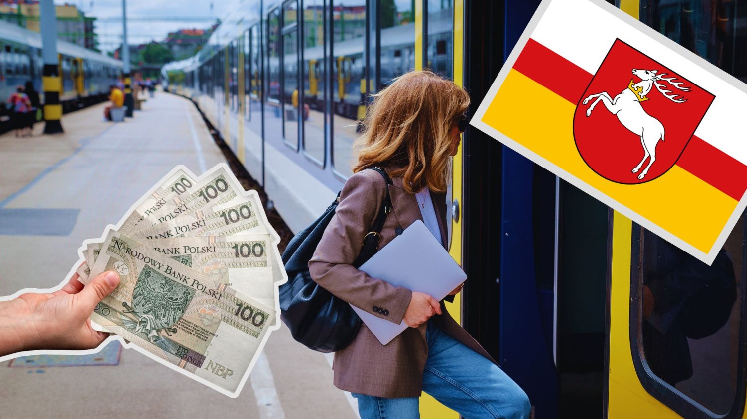 Powstają Lubelskie Koleje. Nowy gracz na torach zapowiada rewolucję w regionie Kobieta wsiada do pociągu, ręka z banknotami i flaga woj. lubelskiego.