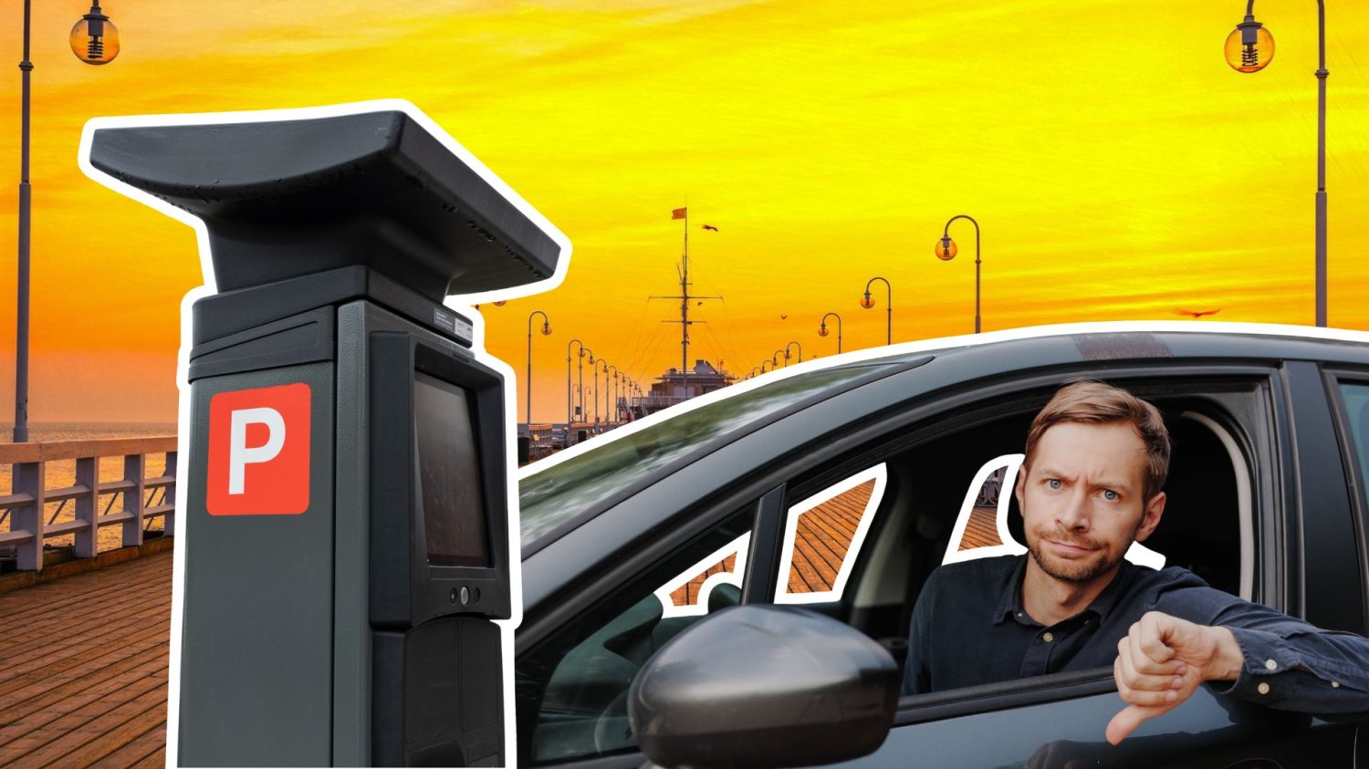 Mężczyzna przed parkometrem na tle Sopotu, kciuk w dół. Miasto wprowadza wysokie opłaty za parkowanie.