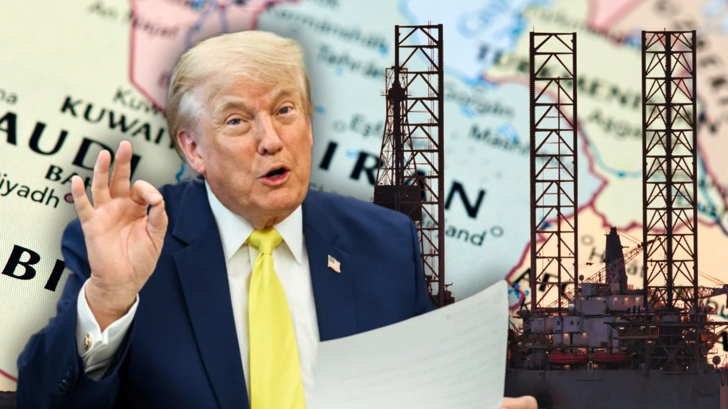 Porozumienie USA-Iran i spadek cen ropy. Na Bliskim Wschodzie pękła bańka strachu. Donald Trump na tle rafinerii i mapy Bliskiego Wschodu.