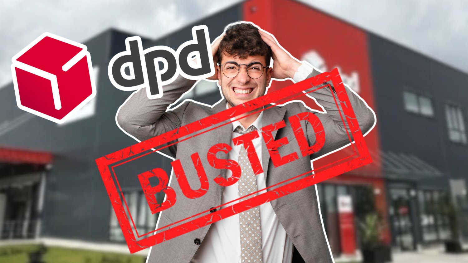 Zły, przestraszony mezczyzna. Stempel Busted, czyli złapany. Obok logo DPD. W tle magazyny DPD.