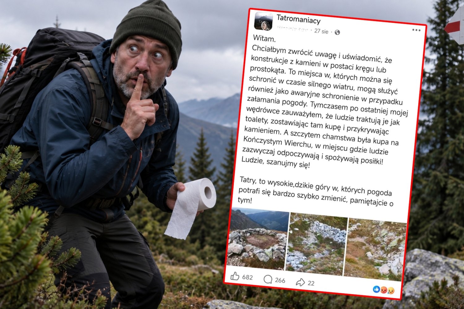 Mężczyzna z rolką papieru w ręku na szlaku górskim w Tatrach. Screenshot z grupy Tatromaniacy na Facebooku