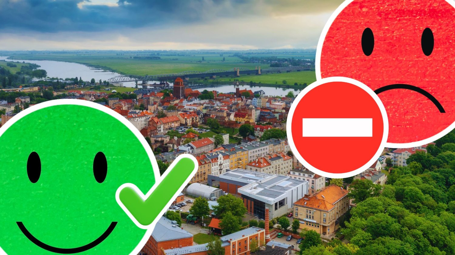 Tczew powiększy swoje granice. Gmina wyraża ostry sprzeciw Tczew, wesoła i smutna buźka, znak stop i ptaszek potwierdzenia. Tczew poszerza granice. Gmina protestuje
