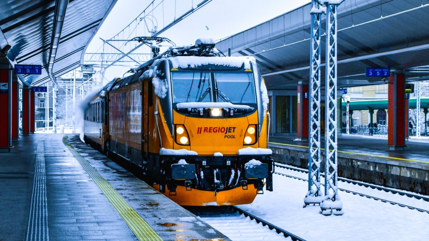 Pociąg RegioJet stojący na stacji.